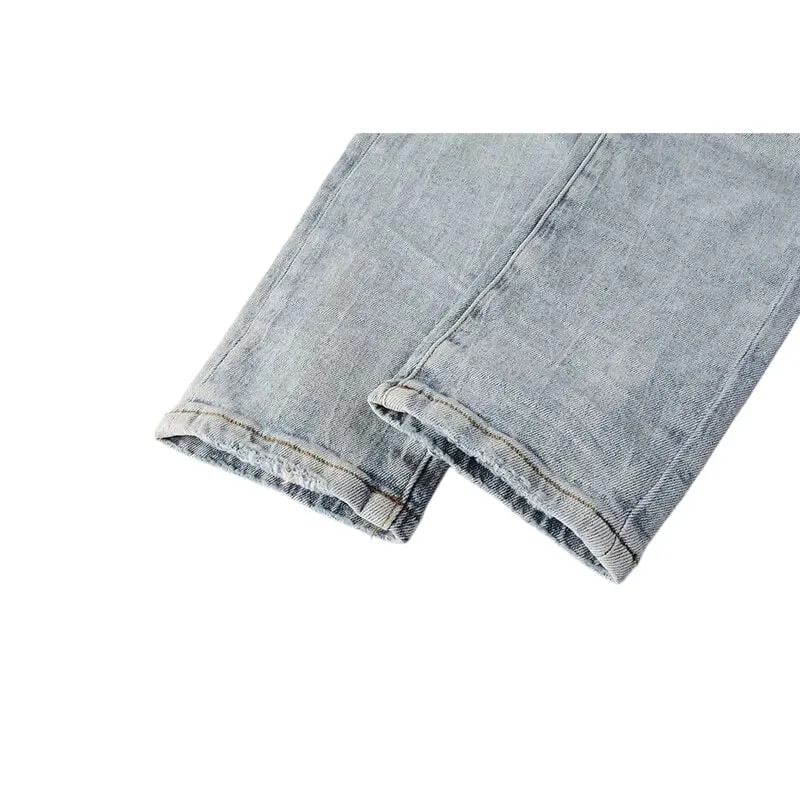 Men's Large Knee Ripped Slim Tapered Jeans Vintage Light Blue Wash Frayed Edges Button Fly High Street Style — image 6
