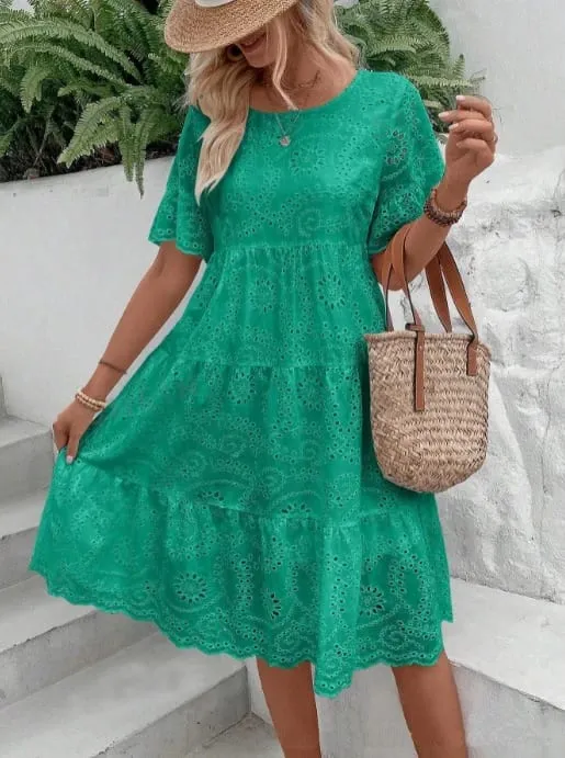 Women's White Eyelet Embroidery Midi Dress Hollow-out Boho Flowy Ruffle Tiered Dress Casual Short Sleeve Summer Beach Dresses — image 7