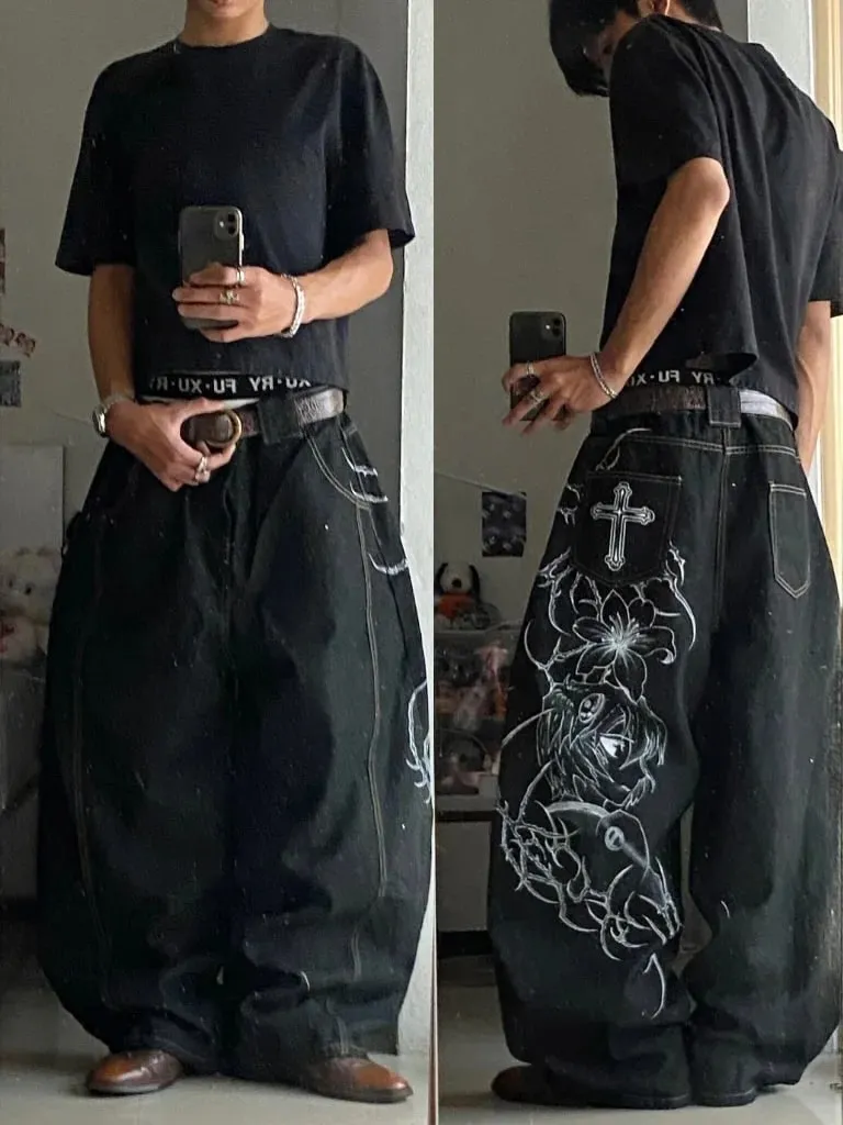 Y2K Vintage Gothic High Street Denim Black Wash Gradient Spine Spider Lily Print Wide Leg Jeans