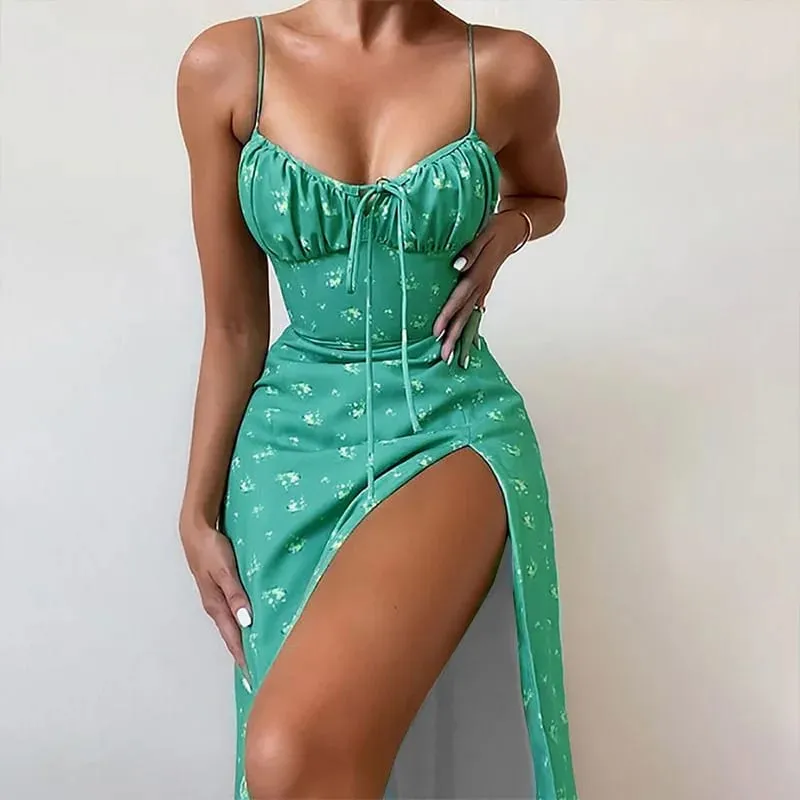 Women Elegant Floral Beach Vacation Streetwear Sexy Low Cut Beach Party Slim Slit Dress Chic Bodycon Lady Sleeveless Vestidos — image 10