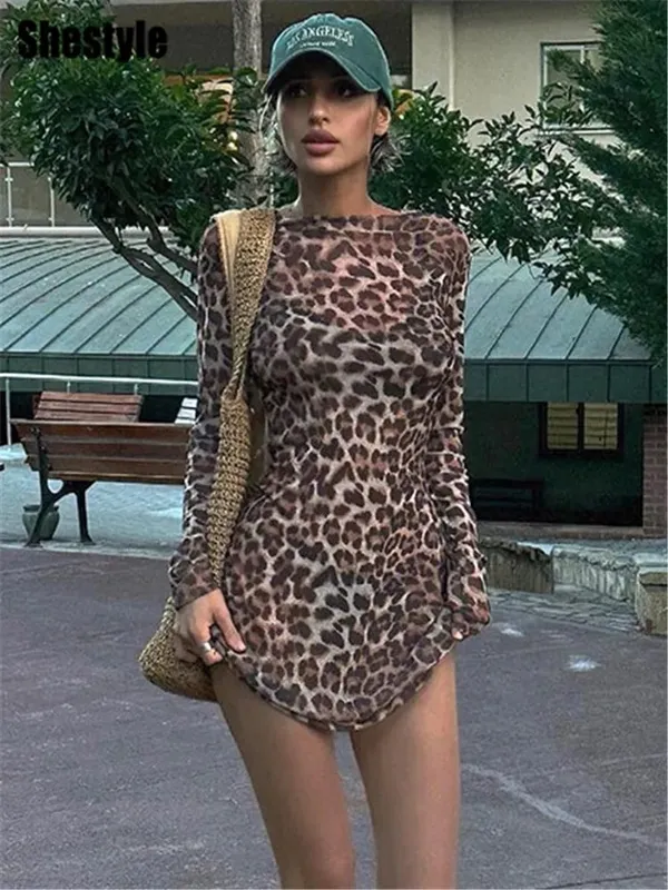 Shestyle – robe trapèze léopard Sexy pour femmes, ensemble deux pièces en maille transparente, mode extrêmement chaude, imprimé Animal de rue élégant