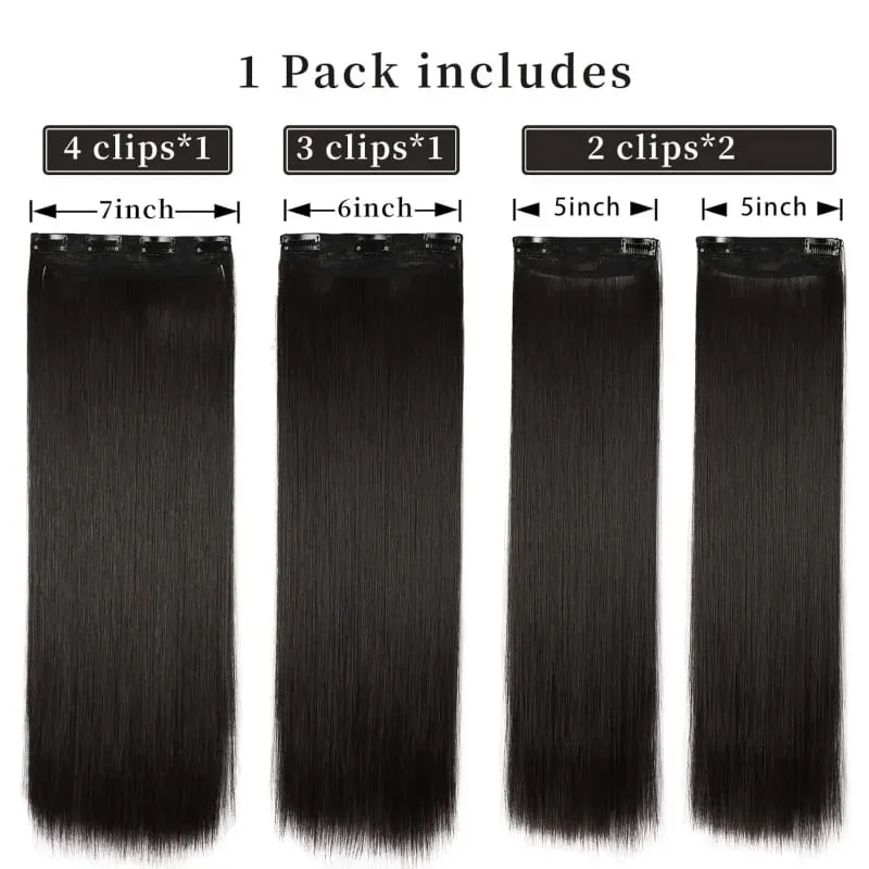 Synthetic 20 Inch Straight Clip In Hair Extensions 4Pcs Soft Thick Black Hair Pieces Available In 3 Colors For Women Daily Use