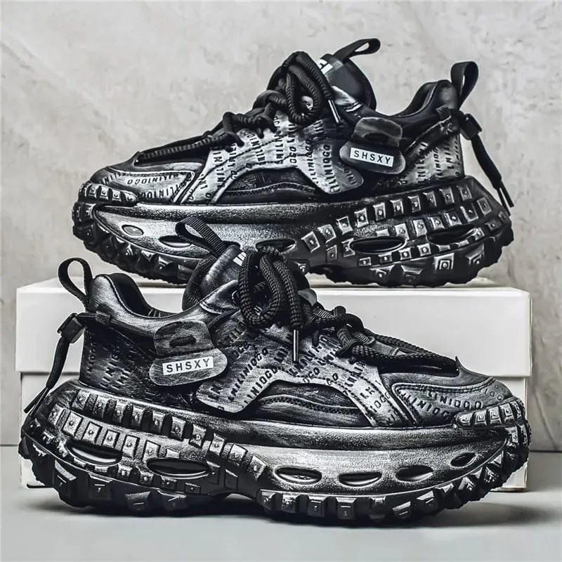 Men's Casual Sneakers with a Patchwork Upper Thick Jute Laces and a Tire-Like Serrated Sole for Added Height and Anti-Slip Grip Making Them Eye-Catching and Suitable for Various Outfits Including Street Wear and Everyday Casual Wear. — image 2