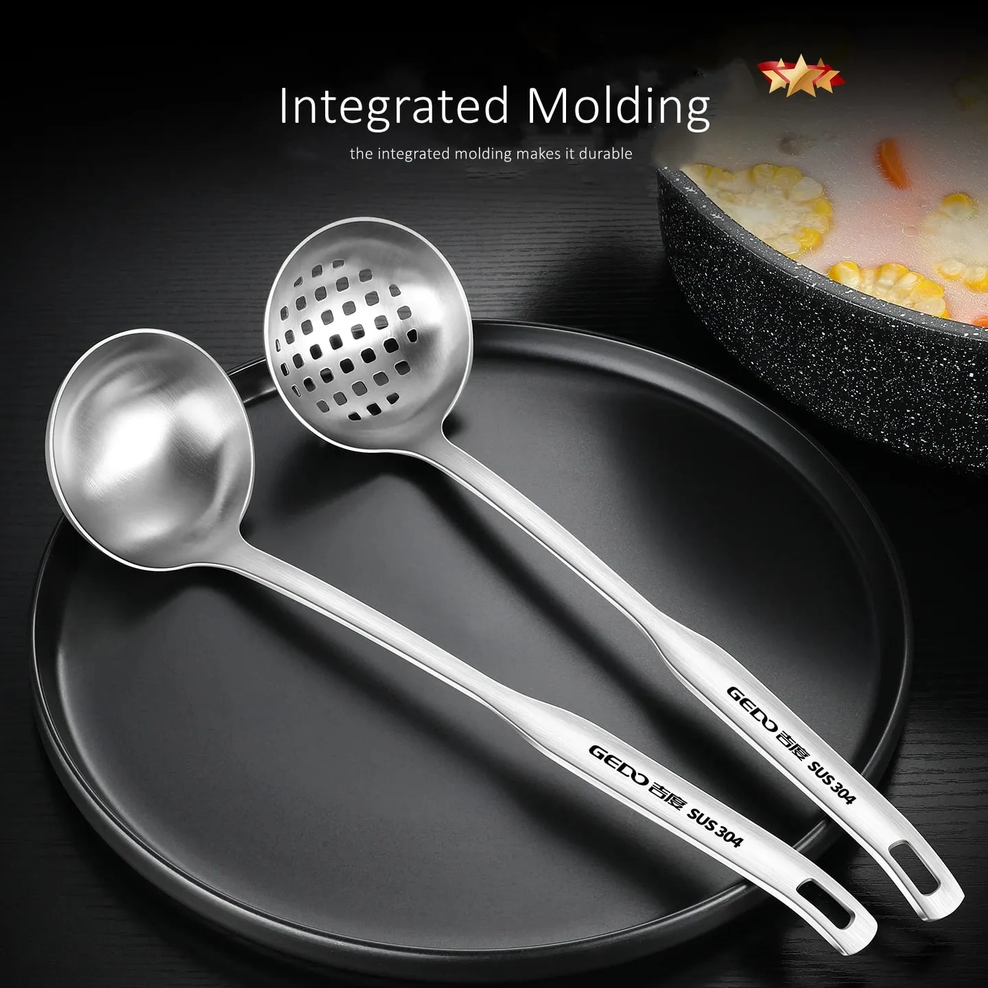 LFGB Certification Pure 304 Stainless Steel Colander and Soup Spoon 30.5cm Length Fall Resistant Hotpot Ladle and Strainer Set — image 4