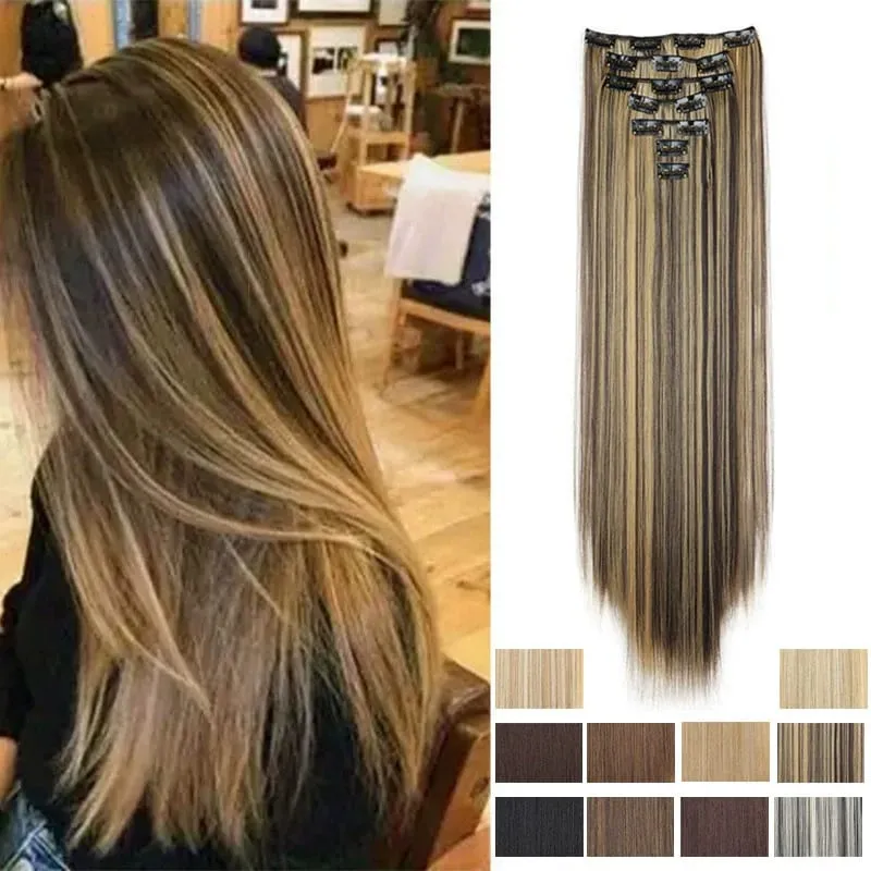 Synthetic 24inch Clips in Hair Extensions Long Straight Hairstyle Blonde Black Hairpieces Heat Resistant False Hair Daily Use — image 1