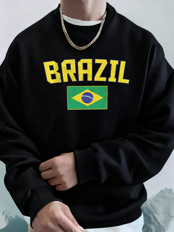 Brazil Letter And Flag Prints Man'S Pocket Streetwear Street Basic Hoody Crewneck Sport Sweatshirts Fleece Trendy Pullovers — image 1