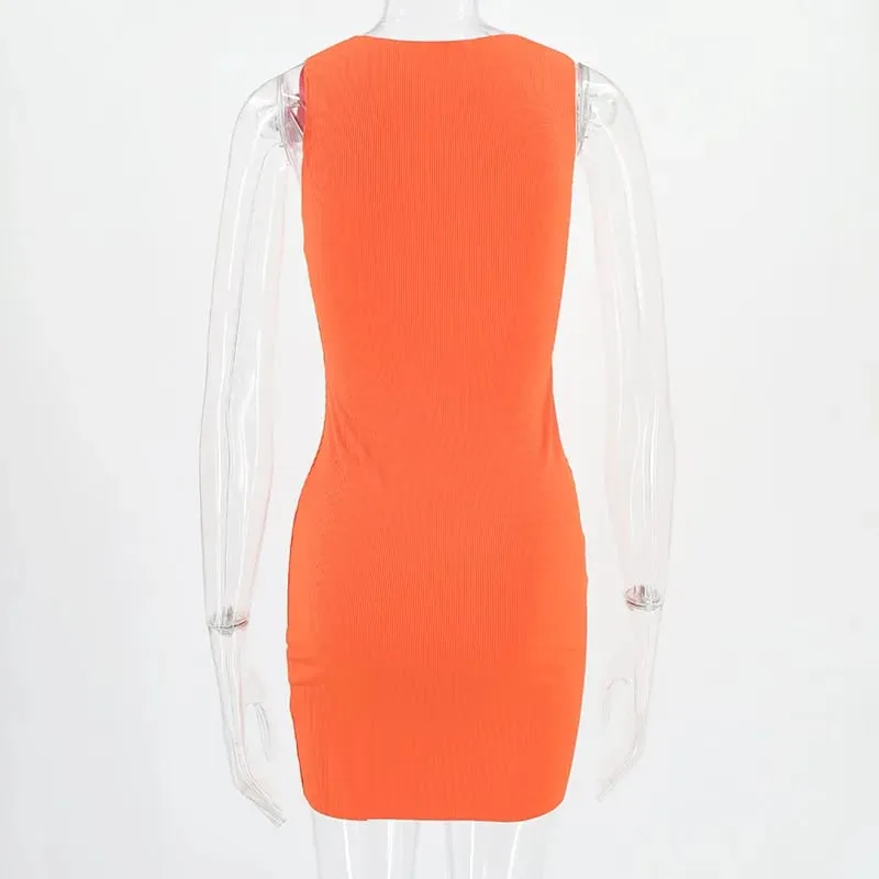 Kobiety lato seksowna wąska wiązana sukienka biodrowa solidny patchworkowy dekolt w kształcie litery "o" bez rękawów Mini sukienki INS moda główna ulica płaszcza Vestidos — image 2