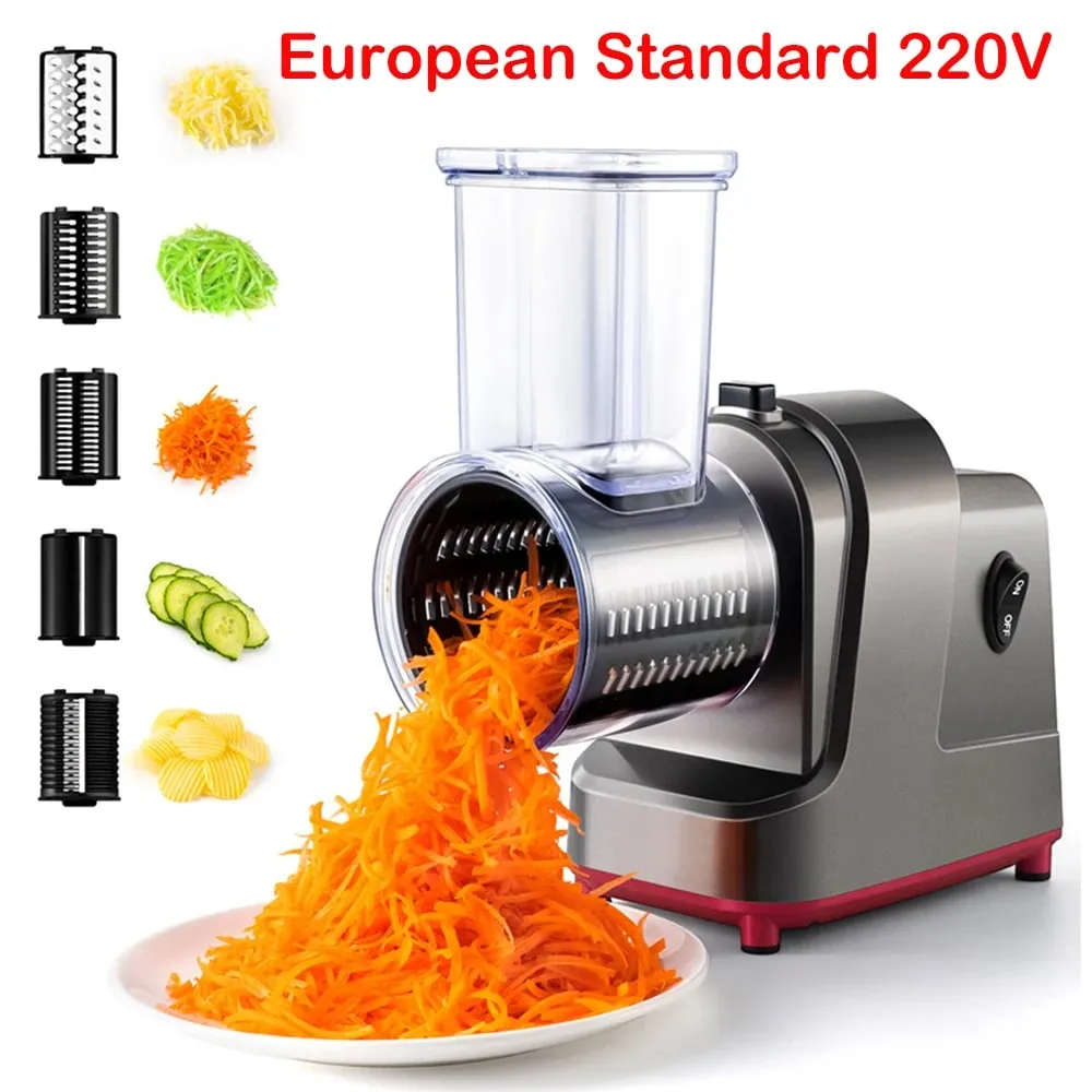 250 W 5 in 1 Elektrischer Gemüseschneider, Schredder, automatischer Salatwerfer, Käsereibe, Karotten-Kohlschneider JT253