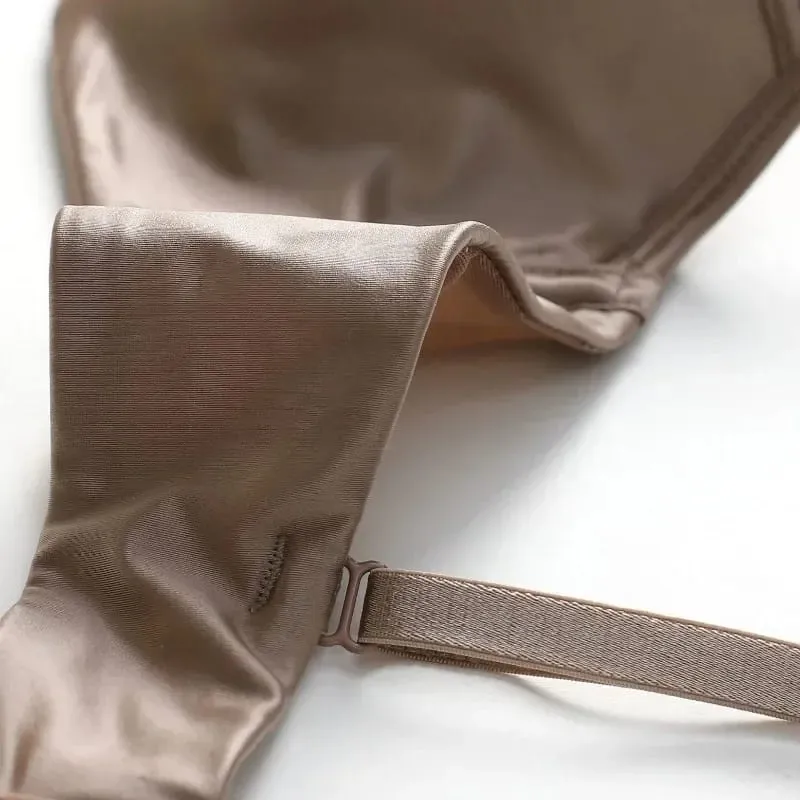 Women's Thin Smooth Satin Bra & Briefs Set Summer Solid Lace Decor Anti Sagging Lingerie Bra Sweet Underwear Suit Нижнее Белье — image 7