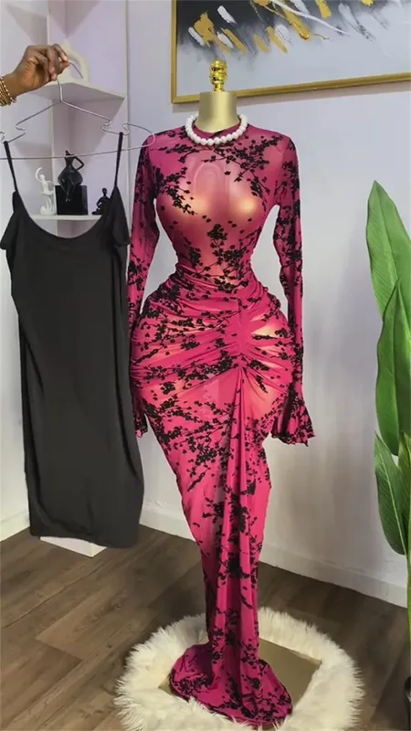 CM.YAYA 2025 Women Long Sleeve Ruched Mesh See Though with Lining Bodycon Long Dress Fall Evening Birthday Sexy Party Dresses — image 3