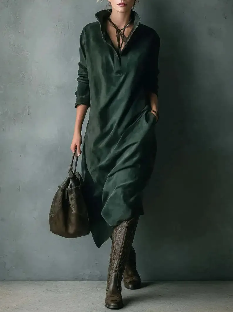 หนังนิ่มชุดใหม่กระเป๋าหลวมยาวชุดลำลองสีทึบ Midi Relaxed Fit หญิงเสื้อผ้าฤดูใบไม้ร่วงฤดูหนาวชุด