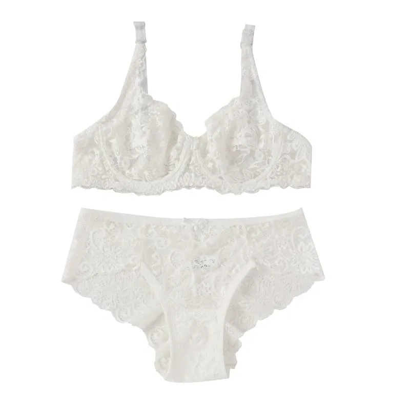 Women's Sexy Lace Thin Bras Suit Non-pad Exquisite Push-up Bra Solid Breathable Underwire G-String Panties Underwear Set