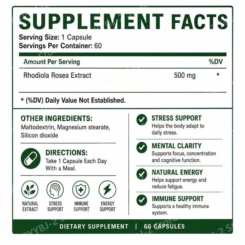 500mg Rhodiola Rosea Capsules Natural Herbaceous Plants Supplement for Daily Stress Support & Energy Balance 60 Count Per Bottle