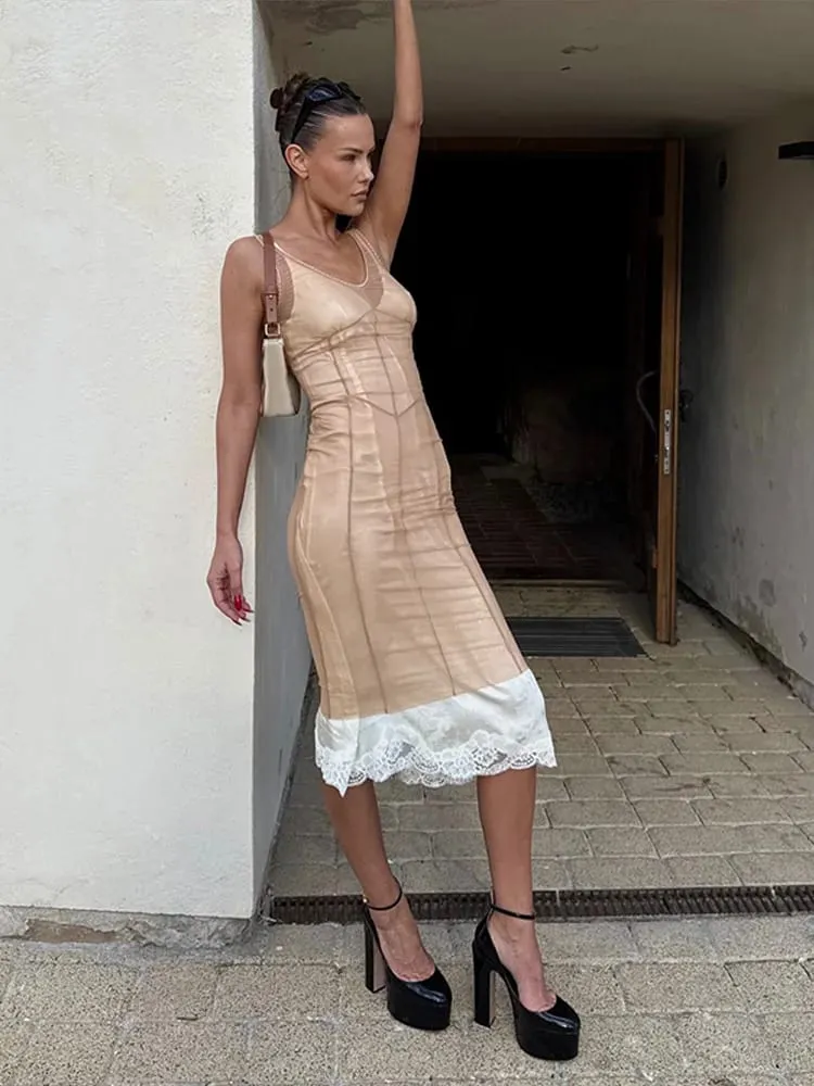 2026 Summer Sheer Mesh Overlay Spaghetti Strap Midi Dress Waist Cinched Sleeveless Women Accessories Versatile Chic Lady Outfit — image 3