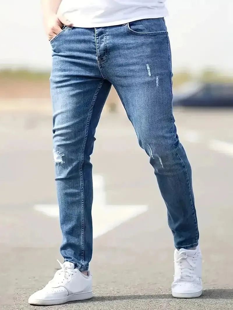 2026 New Fashion Men's Skinny Ripped Jeans Mid Waist Stretch Denim Pants Male's Slim Trousers with Pocket Casual Soft Streetwear