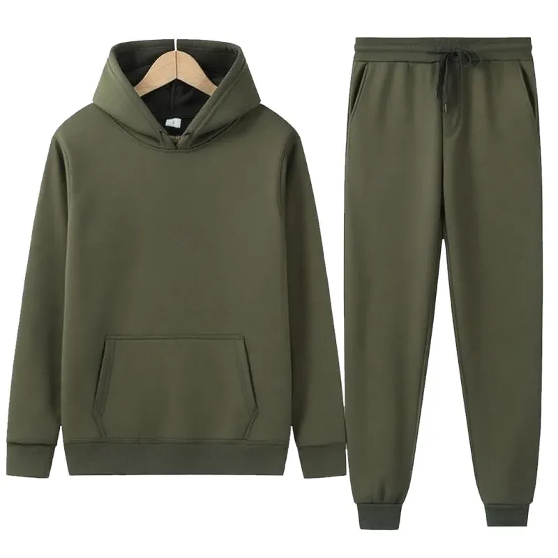Men's Autumn/Winter New Solid Color Hoodie + Pants Two-Piece Set, Stylish Casual Sports Suit with Custom Printed Logo — image 28