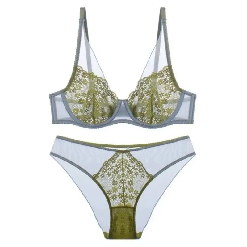 French Vintage Mesh Lace Flower Bra Set Brassiere Underwear Push Up Bra Women Lingerie Thin Mesh Bra Panties Kit Lady