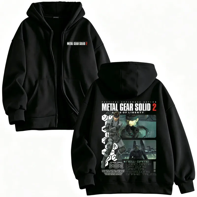 Metal Gear Solid 2 Sons of Liberty MGS2 Solid Snake Game Zipper Hoodies Men Women Fleece Zip Up Hooded Sweatshirts Jackets Coats — image 1