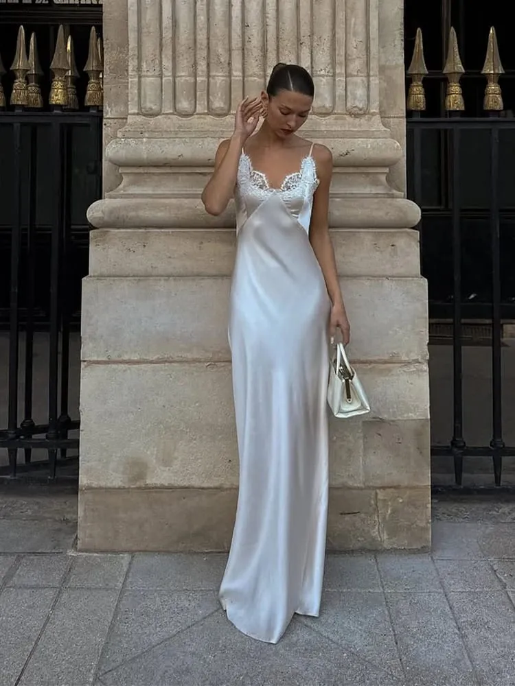 Lace Patchwork Sling Maxi Dress Women Sexy Solid V-neck Sleeveless Backless Satin Slim Long Gown Lady Chic Evening Party Dresses — image 2