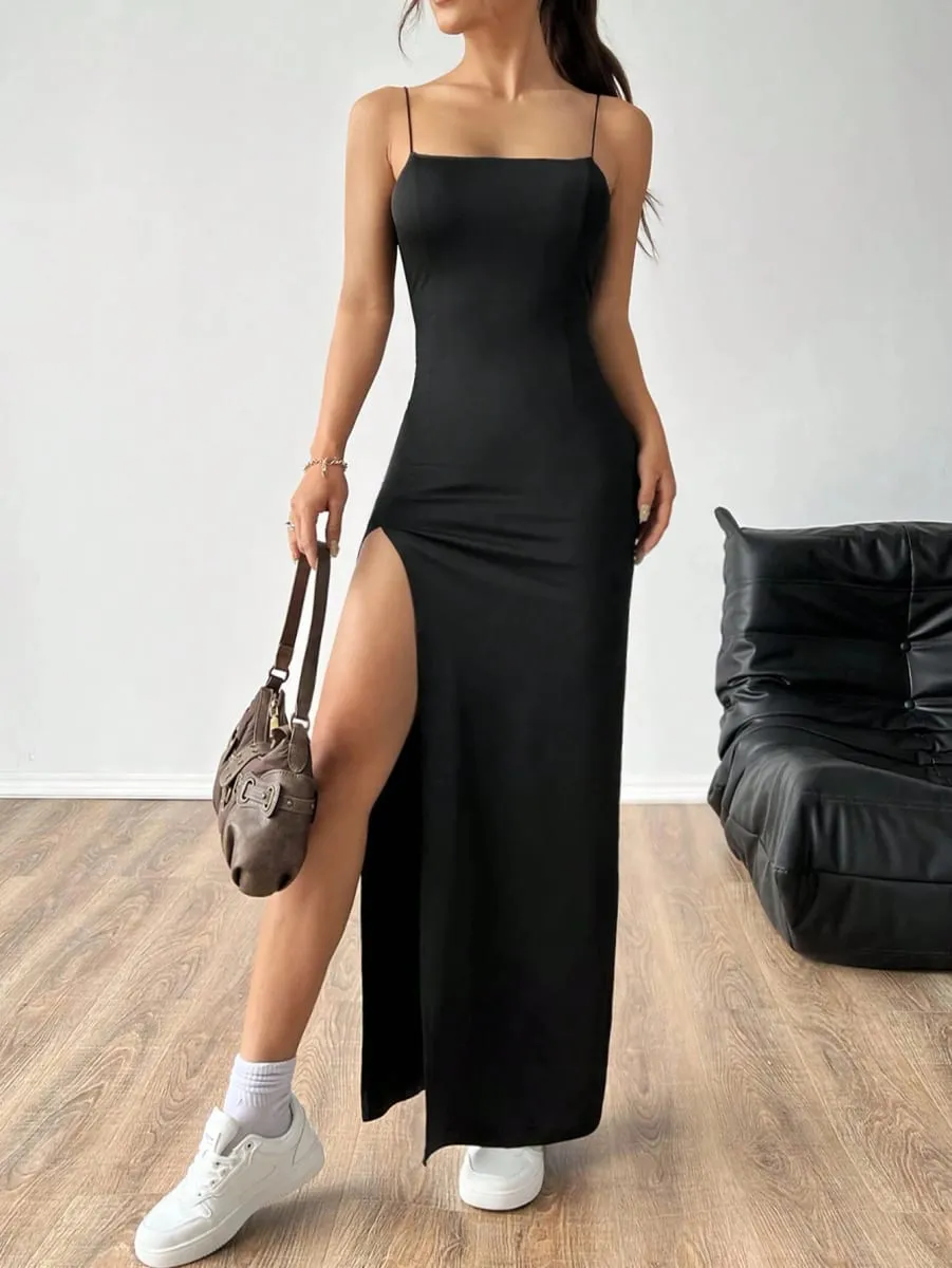 Women's Solid Color High Slit Spaghetti Strap Dress — image 5
