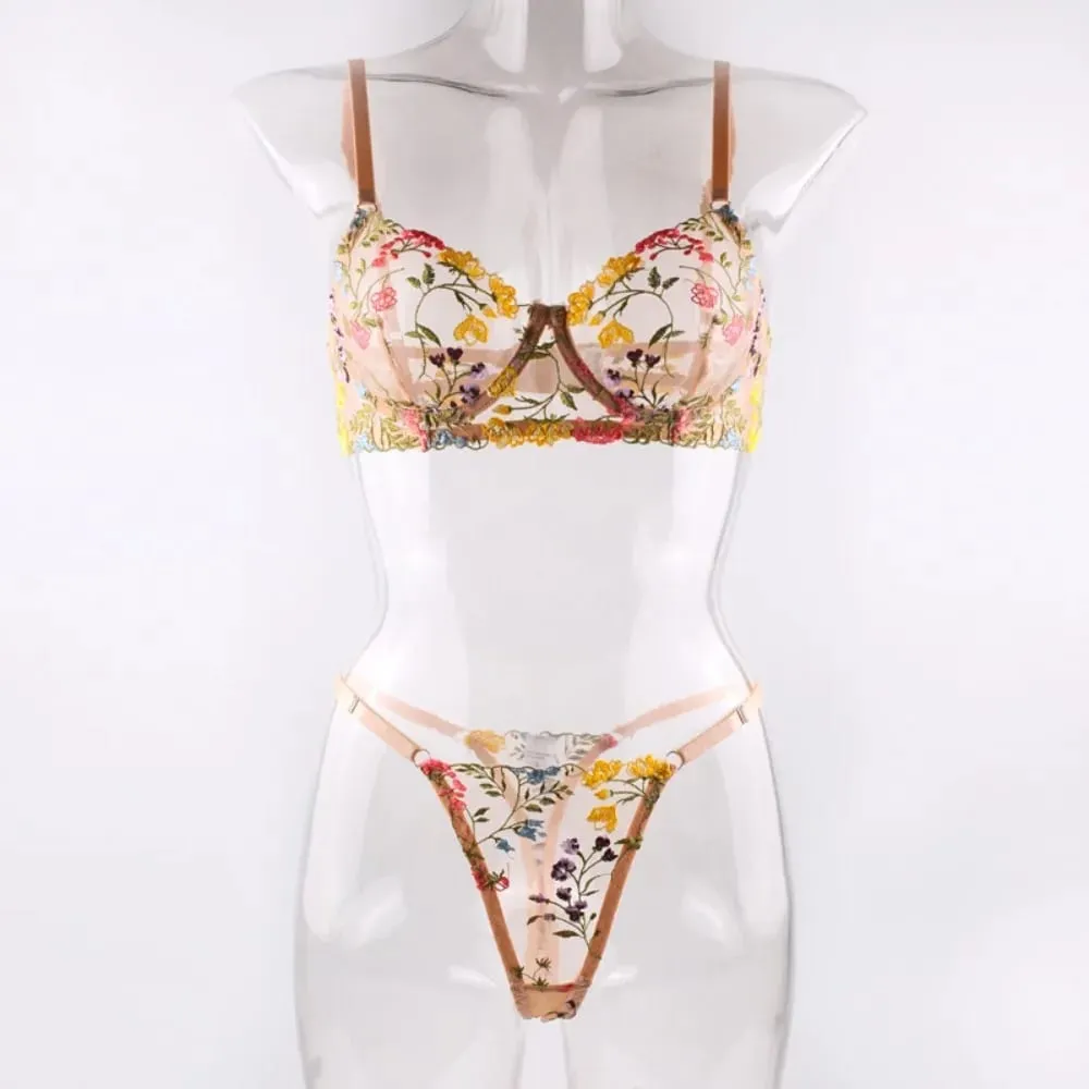 2-Piece Floral Lingerie Set Sheer Versatile Underwear Intimates Embroidery Underwire Push-up Bra Panty Set Para sa Lady Girl