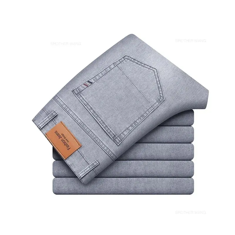Zomermerk Heren Fit Rechte lichtgewicht katoenen stretchjeans Business Casual Hoge taille Dunne lichtgrijze jeans herenbroek