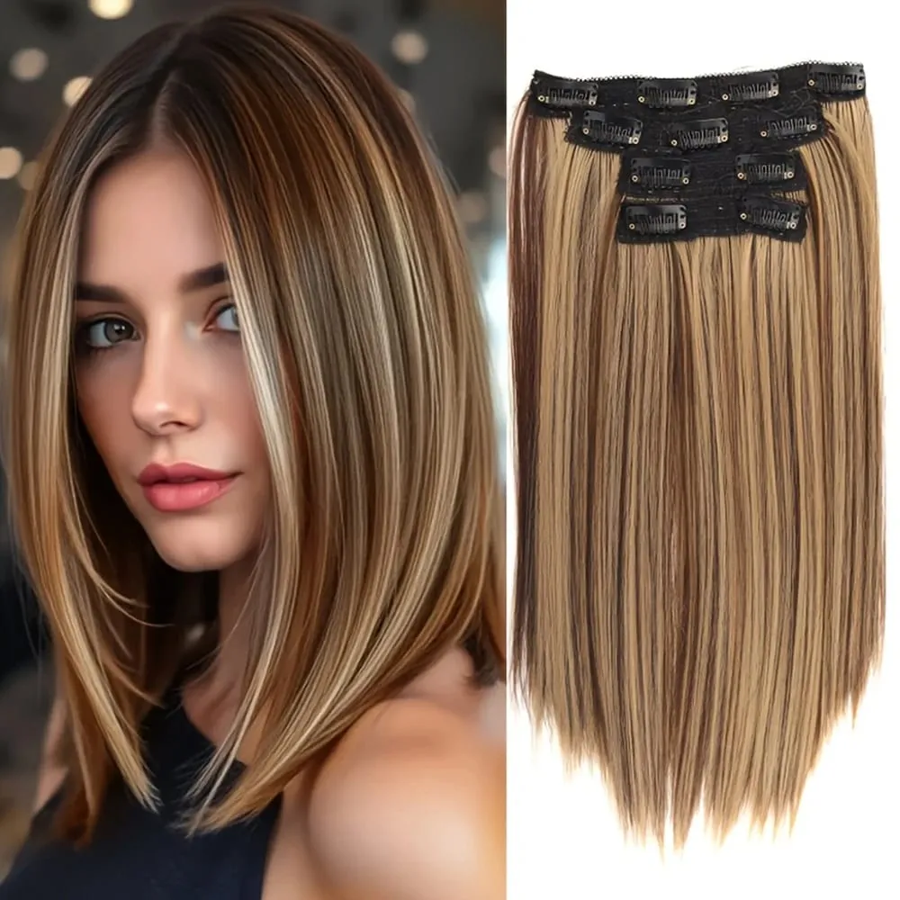 14Inch Synthetic Long Straight Hair Extension 4pcs/set Black Brown Blonde Adds Volume Hairpiece for Women — image 2