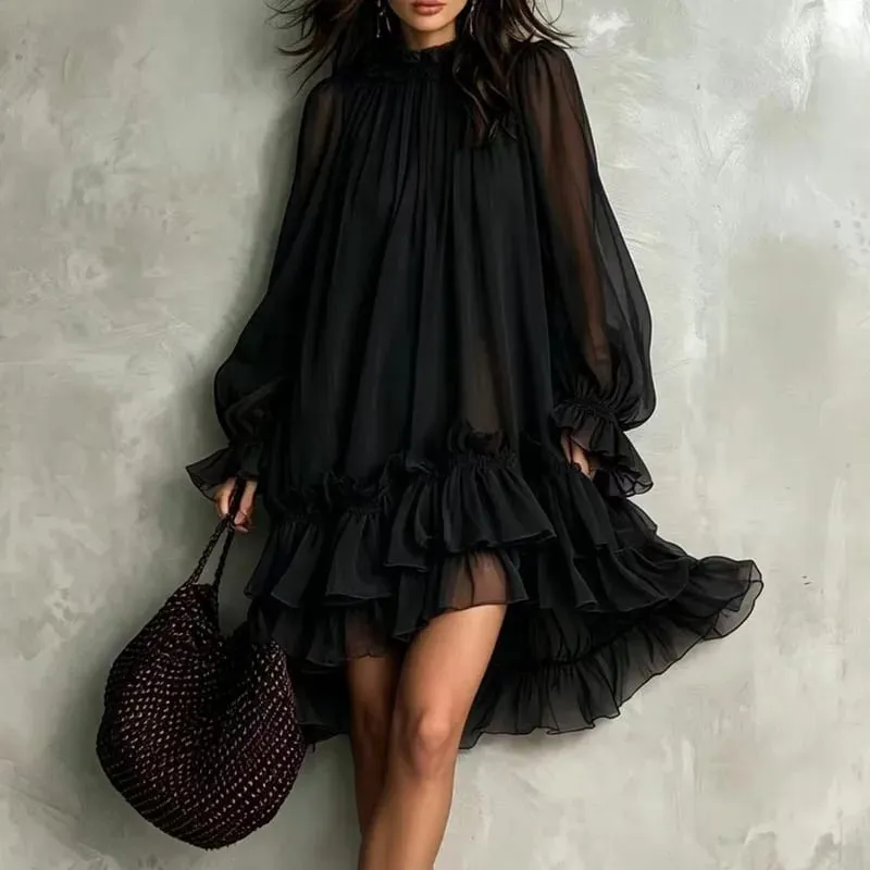 Boho Loose Swing Dress Ladies Ruffle O Neck Lantern Sleeve Multi‑Tiered Ruffle Hem Mini Dress Casual Beach Holiday Short Dresses — image 2