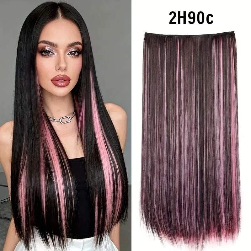 Synthetic 24Inch Long Straight 5 Clips Colorful Highlight Hair Extension Natural Soft Silky Hairpiece for Women Daily Use — image 12