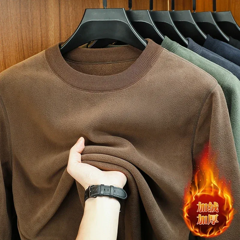 Autumn and Winter Men's Velvet Hoodie Long Sleeve Round Neck Solid Color Fashion Casual Versatile Top — image 11
