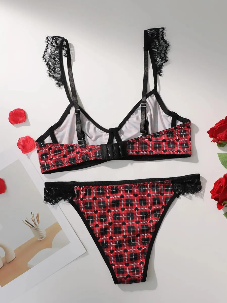 Women Plaid Heart Print Lingerie Set Lace Spaghetti Strap Bra And Panty Set Soft Comfortable Ladies Intimate Sleep Underwear Set — image 2