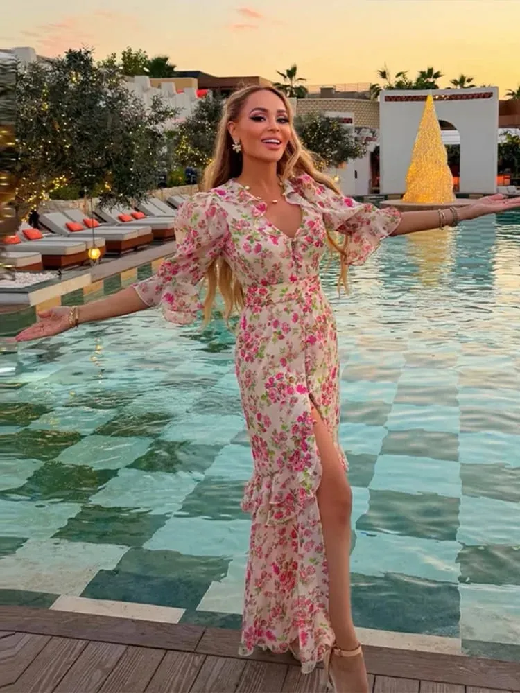 Sexy Print Women Long Dress Urban V-neck Single Breasted Ruffles Half Sleeve Female Dresses 2026 Spring Autumn Lady Robe — image 6