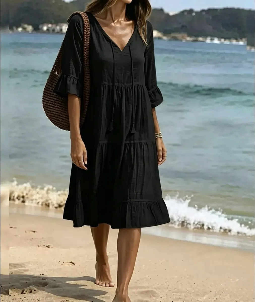 Women V Neck Tassel Drawstring Tiered Midi Dress 3/4 Flare Sleeve Loose Casual Beach Vacation Dress For Summer