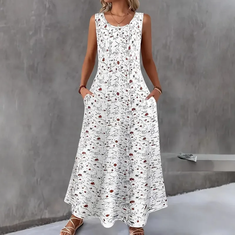 Women Summer Casual Sleeveless Floral Print Maxi Dress O Neck A-Line Long Dress With Pockets Loose Vestidos Beach Sundress — image 4