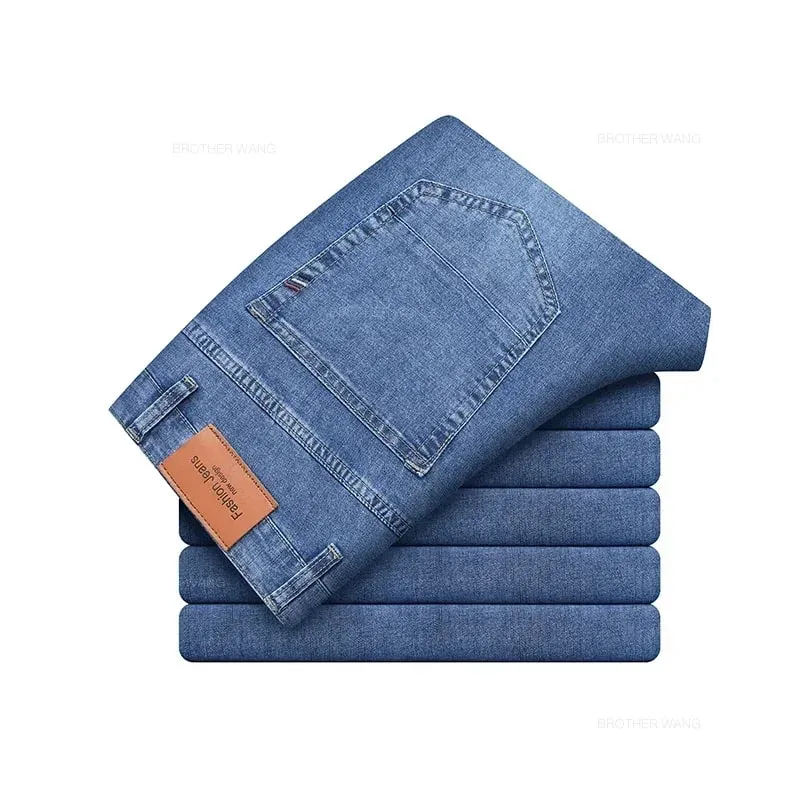 Zomermerk Heren Fit Rechte lichtgewicht katoenen stretchjeans Business Casual Hoge taille Dunne lichtgrijze jeans herenbroek