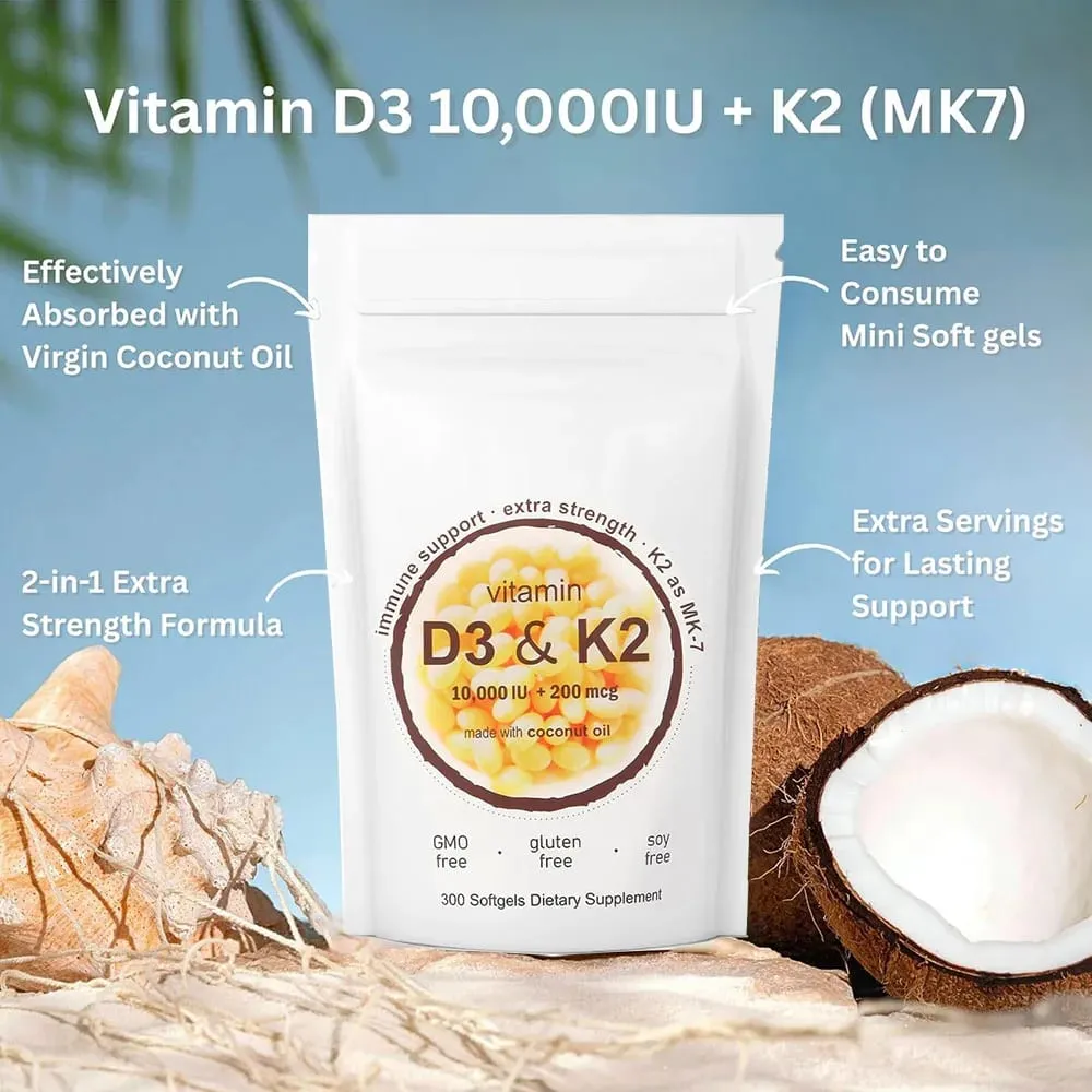 180/300 Vitamin D3 K2 Softgel Supplement with Coconut Oil - 2-in-1 Vitamins D & K Complex | Extra Strength Easy to Swallow — image 2