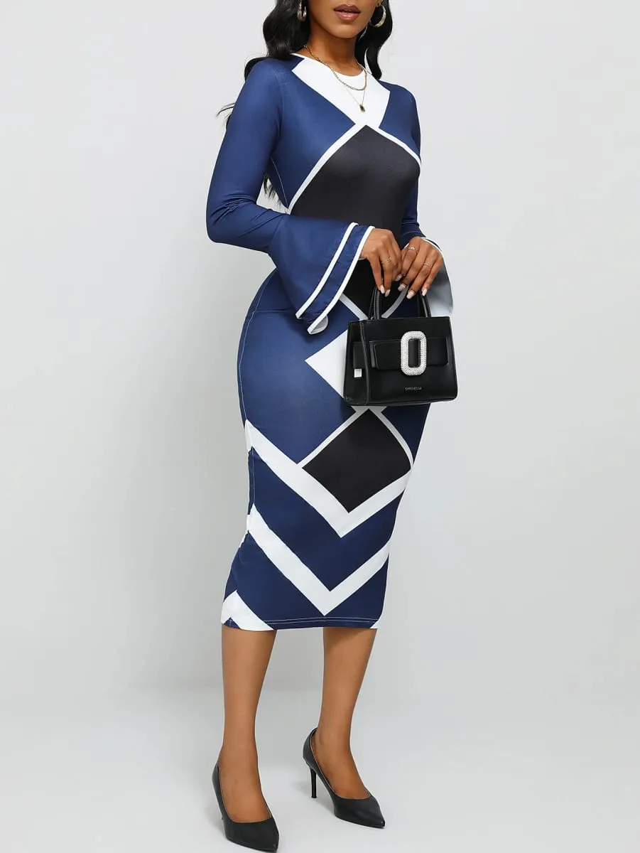 Naval Blue Geometric Print Slim Fit round Neck Dress with Flared Sleeves And Side Slit Long Skirt — image 7