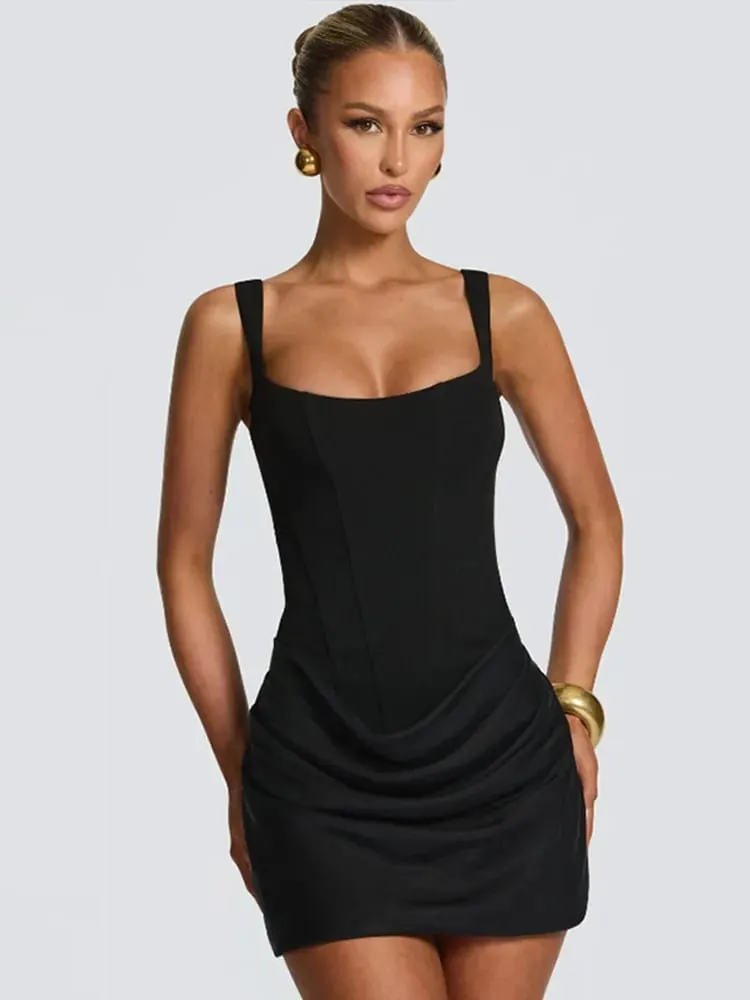 Sexy Square-neck Halter Mini Dress Women 2025 Pleated Sleeveless Backless High Waist Bodycon Dresses New Summer Lady Party Robes — image 2