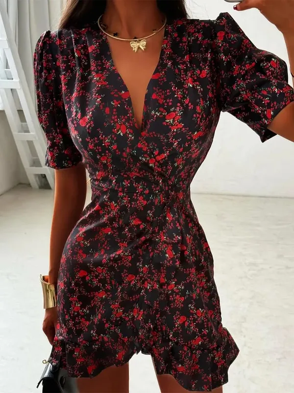 Chic flæseprint Slank kort kjole Kvinder Chic Patchwork Udvidede ærmer V-hals plisserede kjoler 2026 Lady Summer Casual Vestidos