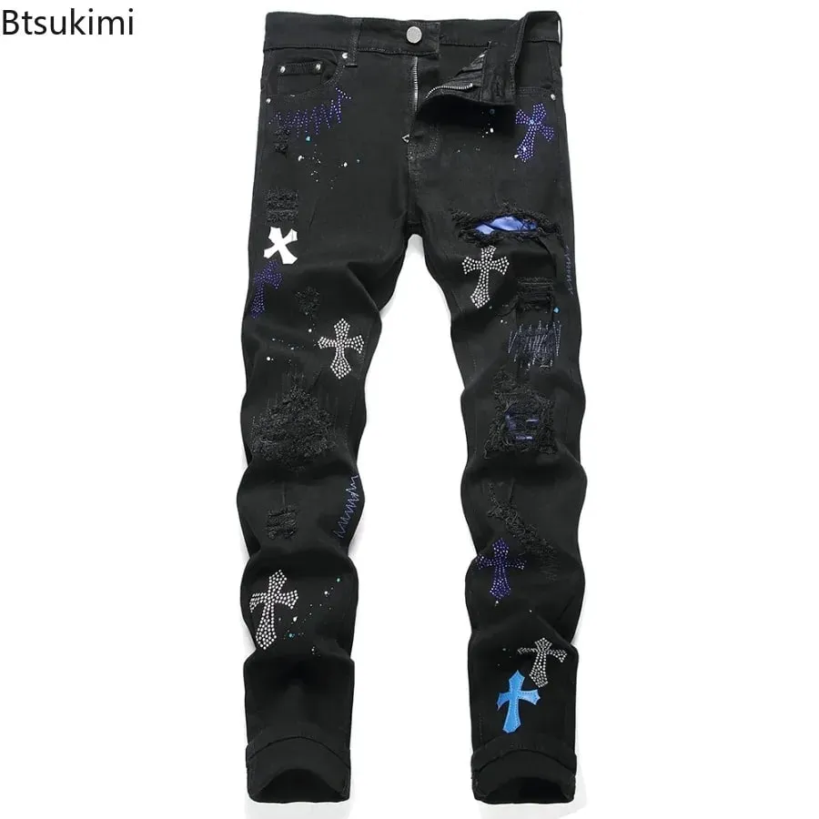 2026 New Men's Fashion Crystal Cross Stretch Denim Jeans Holes Ripped Distressed Black Pants Embroidery Slim Tapered Trousers — image 2