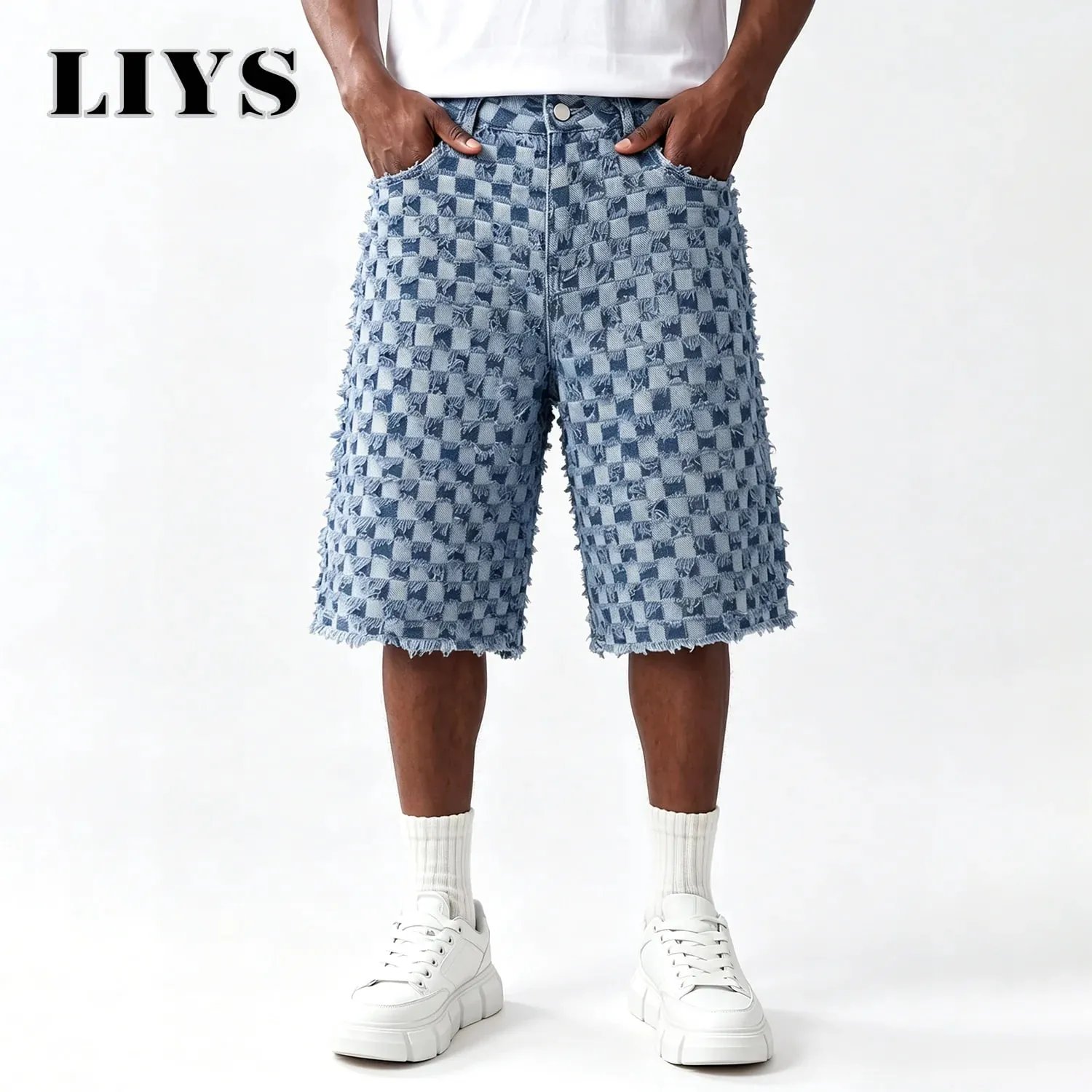 Men Fringe Checkerboard Jacquard Jean Shorts Casual Loose Wide Leg Raw Hem Knee Length Shorts Summer Bermuda Jeans