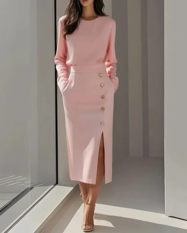 Women Long Sleeve Round Neck Button Front High Slit Midi Dress Elegant Office Lady Bodycon Sheath Pencil Skirt Set — image 2