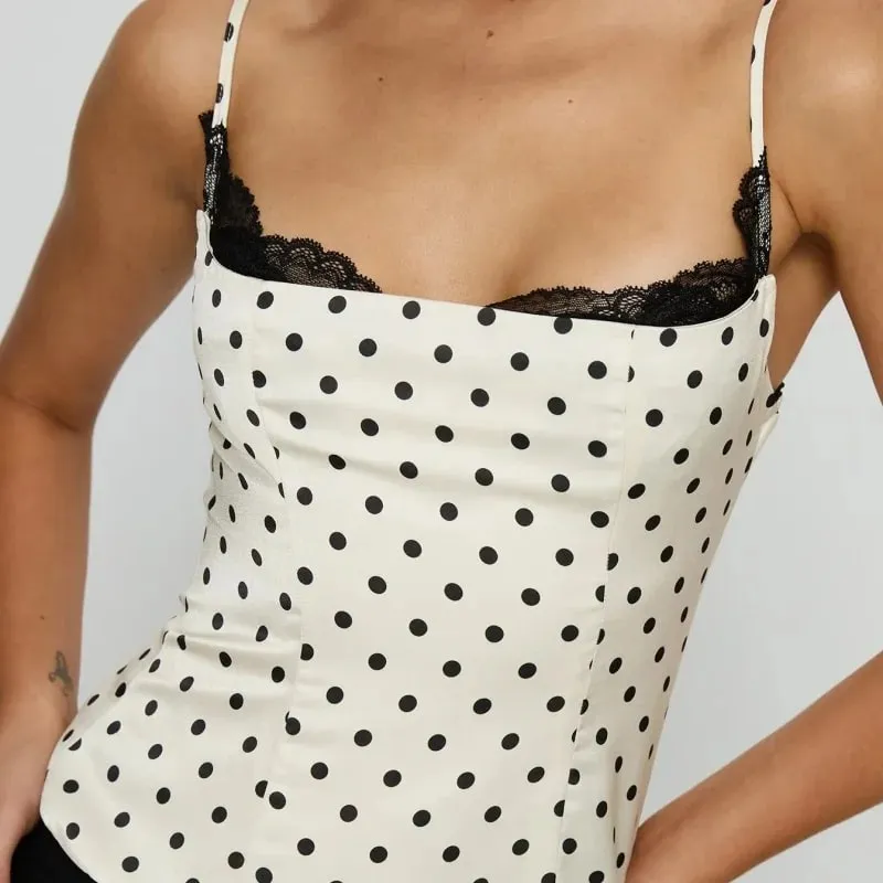 Women Polka Dot Lace Trim Cami Top Sexy Backless Sleeveless Slim Fitted Camisole Top Vintage Y2k Streewear