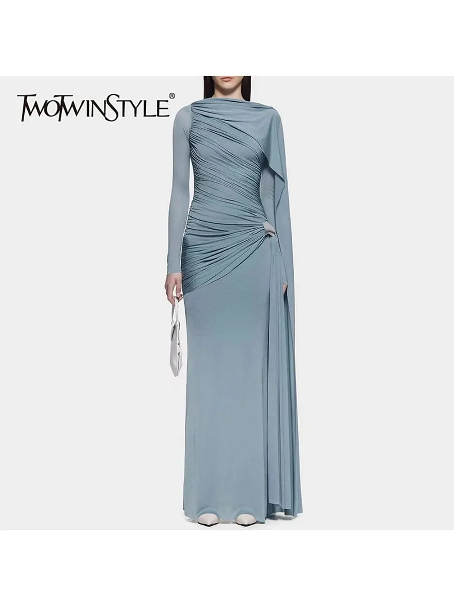Slimming Spliced Folds Temperament Dresses for Women Round Neck Long Sleeves Patchwork Ribbon Dress Female Clothing — image 2