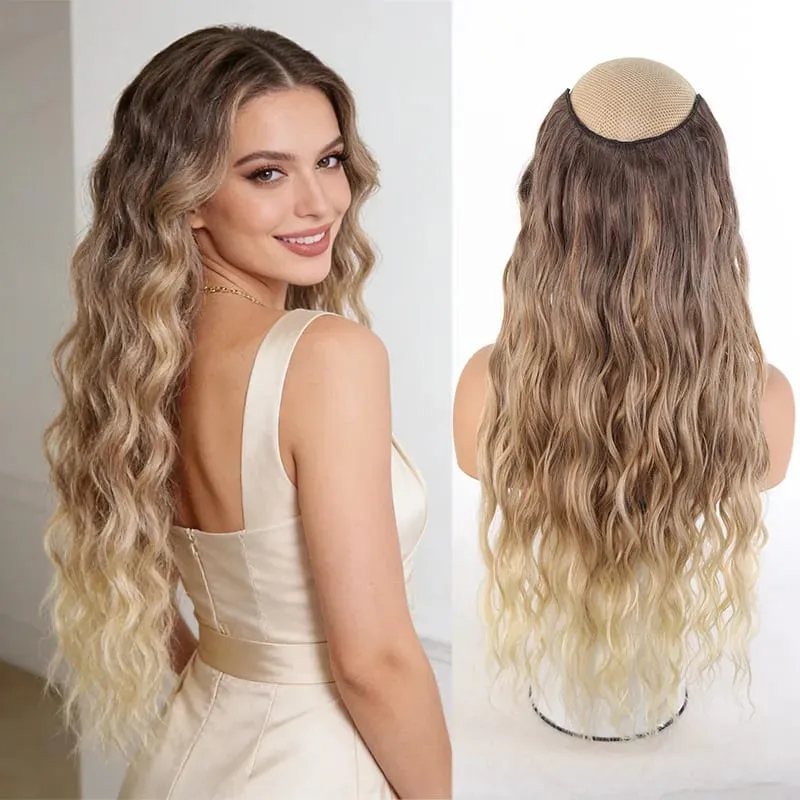 V Shape One Piece Ombre Water Wave Clip In Hair Extensions Synthetic Curly Hairpiece for Women — image 2