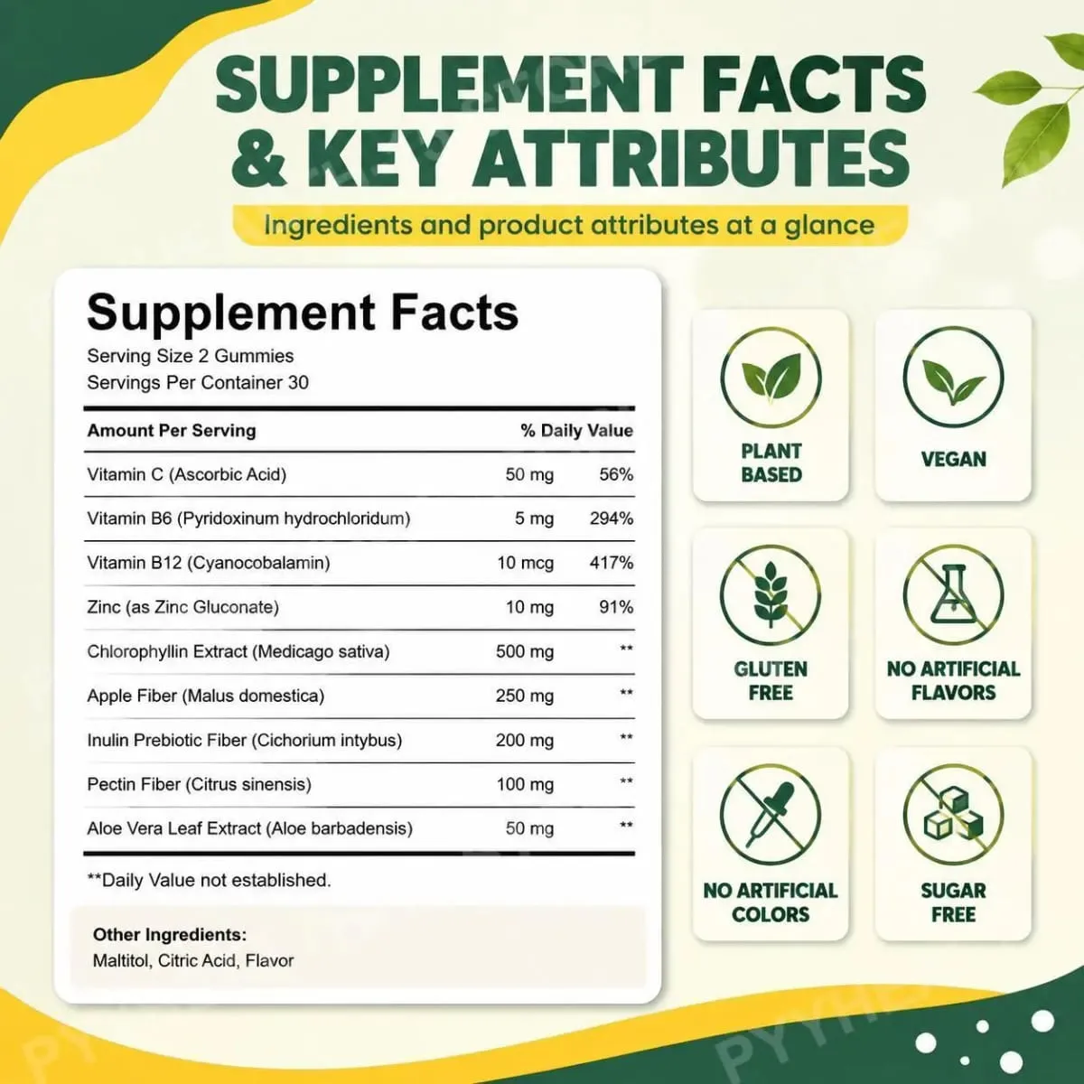 Docteat Chlorophyll Gummies Lemonade Gut Nutrition Balance with Prebiotic Inulin and Apple Fiber Digestive Wellness 60 Gummies