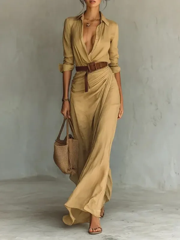 2025 New Autumn Woman Sexy Deep V Neck Hollow Long Dress Elegant Solid Belted Irregular Party Long Sleeve Slim Casual Dresses