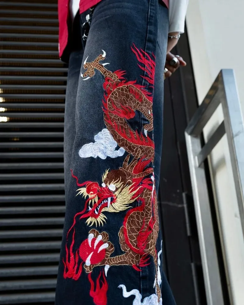 Y2K Baggy Jeans Dragon Graffiti Embroidery High Waist Men Women Vintage Streetwear 2000s Harajuku Casual Loose Wide Leg Jeans — image 1