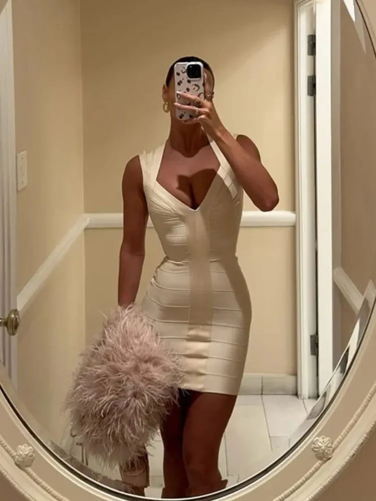 Sexy Solid Color Deep V-neck Hip Hugging Dress Summer Women Sleeveless Waist Cinched Mini Dresses Lady Daily Party Short Gown — image 7