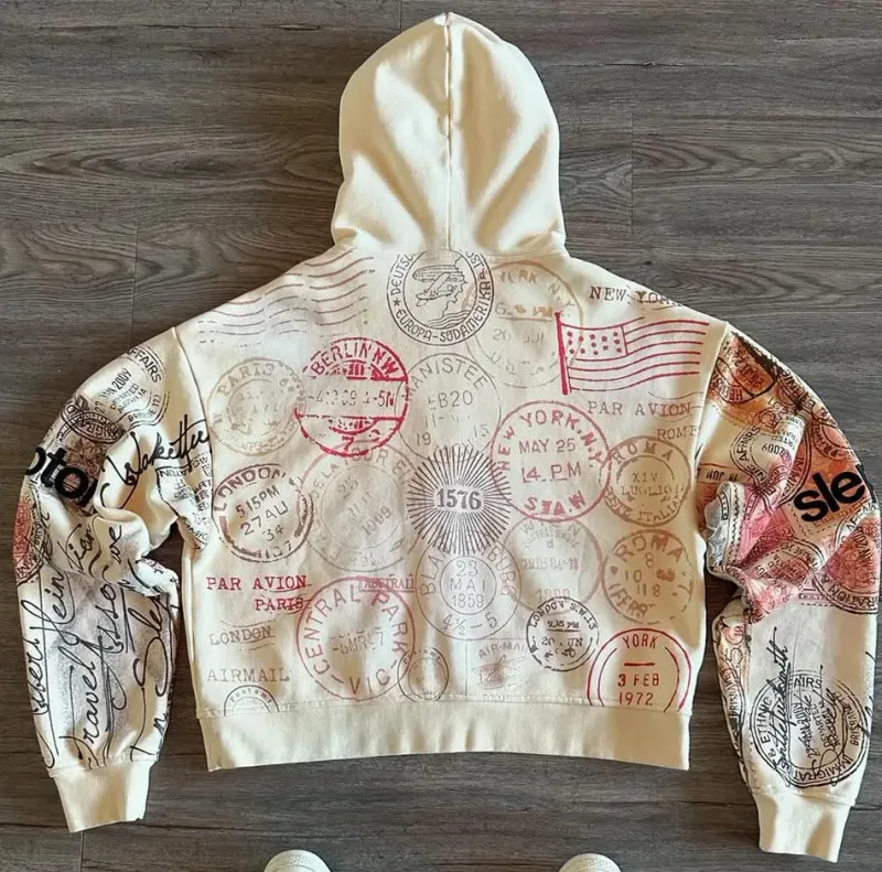 Sweat-shirt à capuche avec fermeture éclair pour homme et femme, imprimé abricot, lettres de dessin animé, mode multifonctionnel rétro Y2K High Street